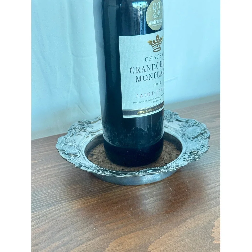 Towle Old Master Embossed Silverplate Wine Bottle Coaster with Cork Insert
